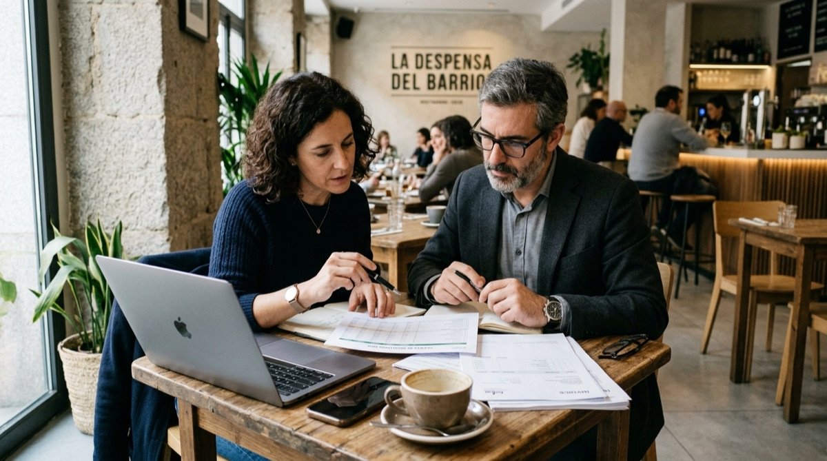 Hostelero y asesor fiscal revisando documentación de Hacienda en restaurante de Madrid