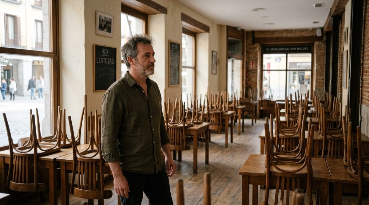 Propietario de restaurante reflexionando en su sala vacía antes de decidir el cierre