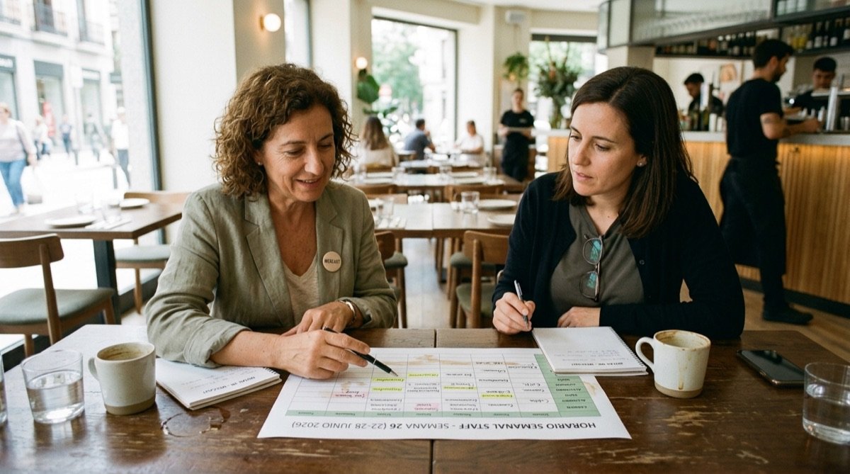 Hostelero y consultor laboral revisando cuadrante semanal según convenio provincial 2026