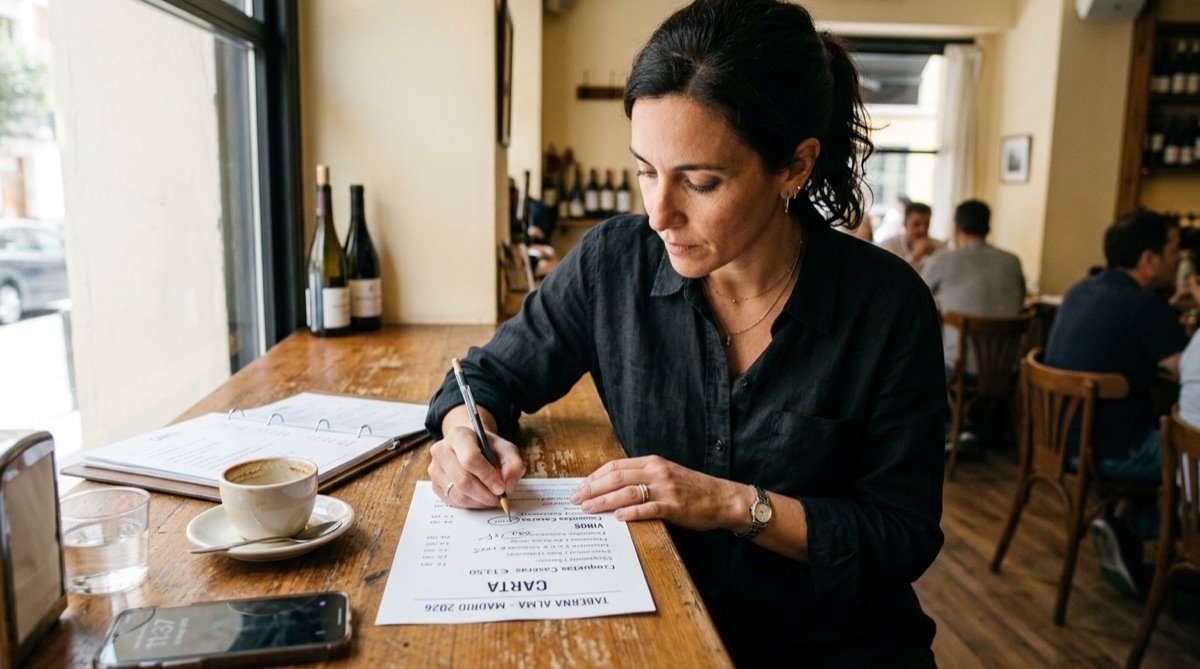Manager de restaurante ajustando precios de la carta tras la subida del SMI 2026