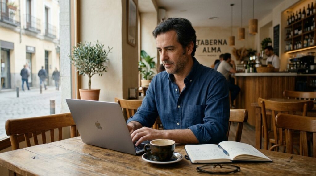Restaurador revisando reseñas online de su negocio en un portátil