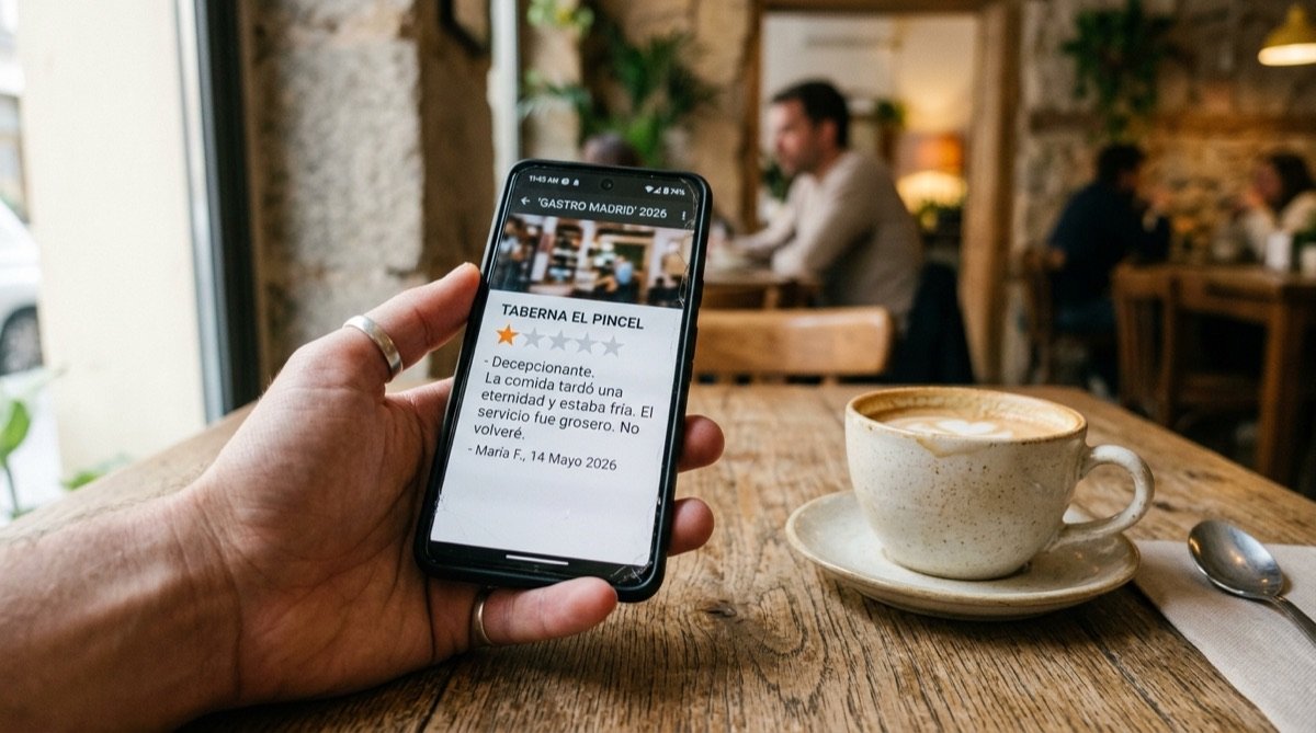 Smartphone mostrando una reseña negativa falsa en una app de restaurantes