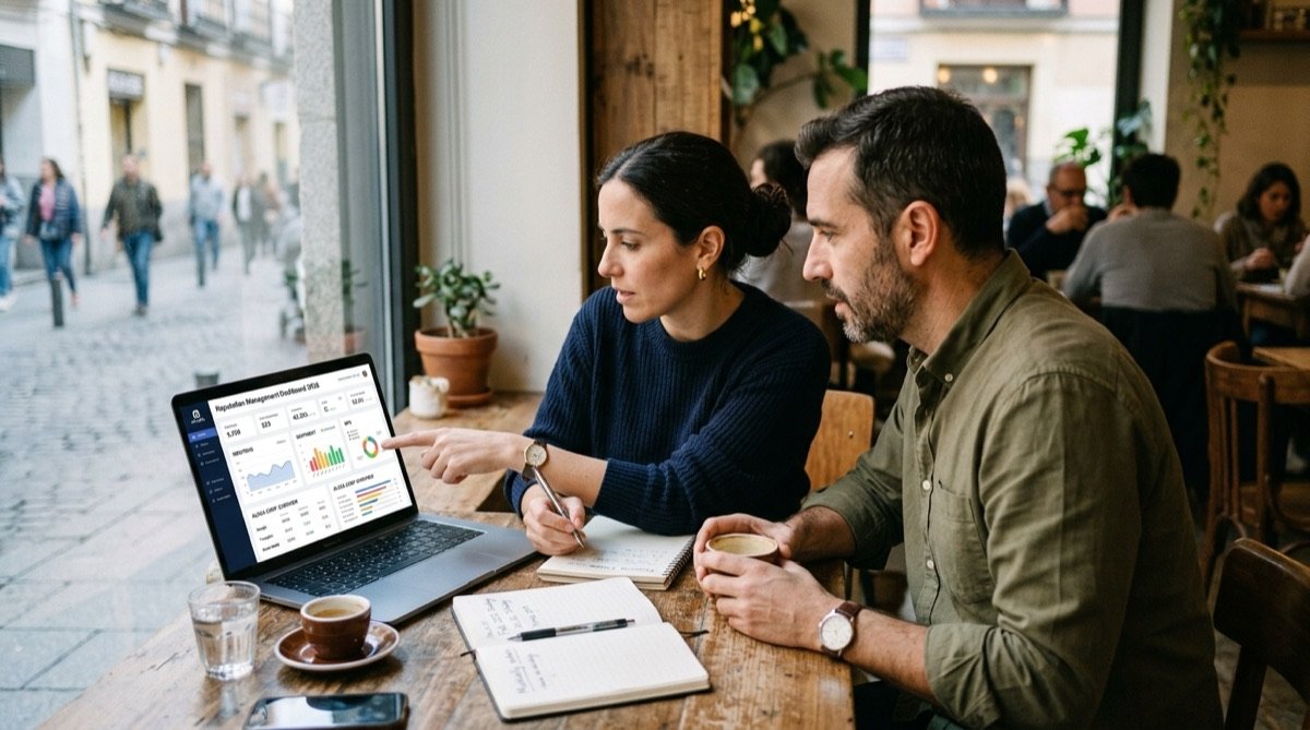 Consultor revisando con un hostelero un panel de gestión de reputación online