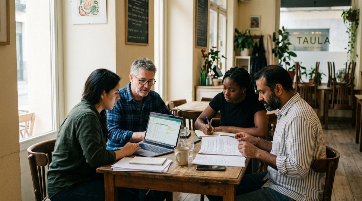 Equipo mixto de restaurante reunido para revisar el plan de igualdad
