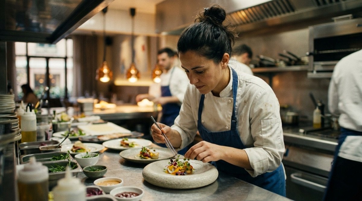 Mujer chef de cocina trabajando en pase de un restaurante contemporáneo