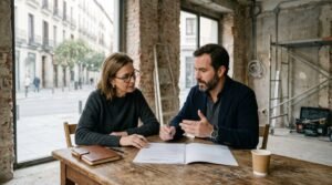 Emprendedor hostelero negociando el alquiler de un local con el propietario