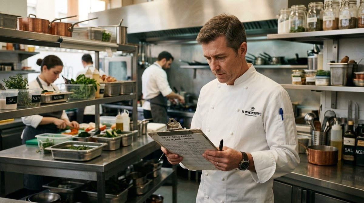Jefe de cocina revisando registros APPCC en una cocina profesional