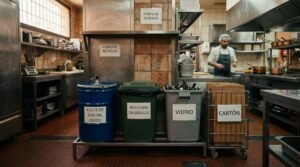 Estación de gestión de residuos en cocina profesional con contenedores separados