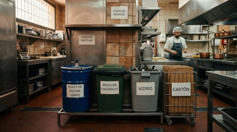 Estación de gestión de residuos en cocina profesional con contenedores separados