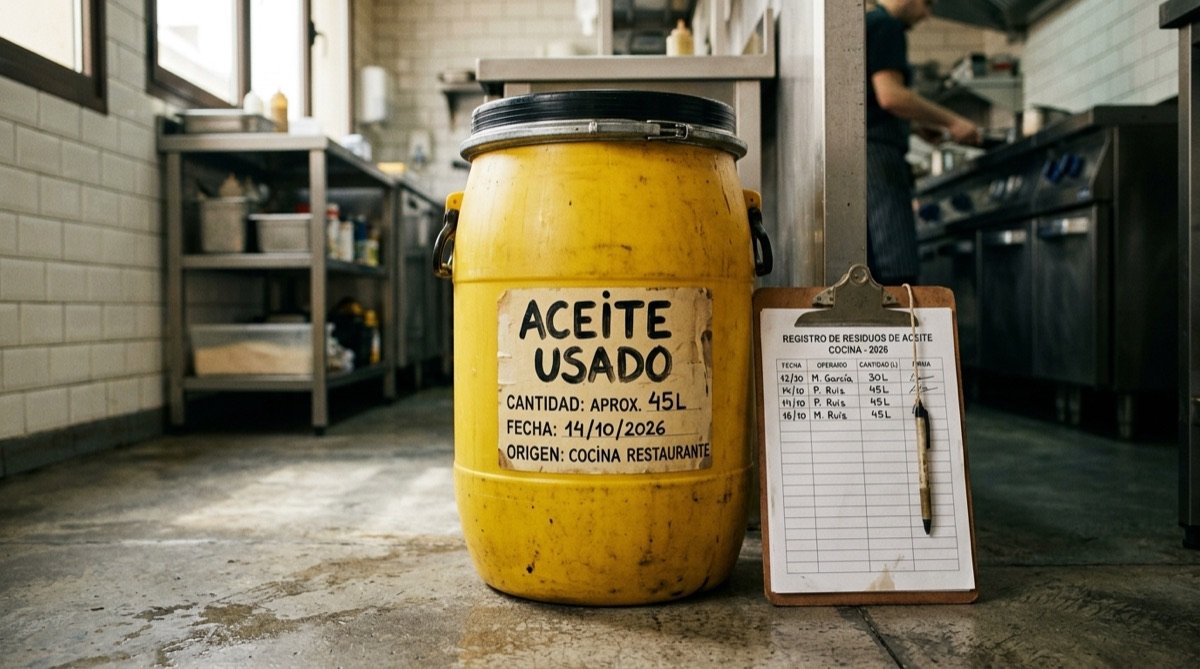 Bidón sellado de aceite usado etiquetado en zona de almacenamiento de cocina