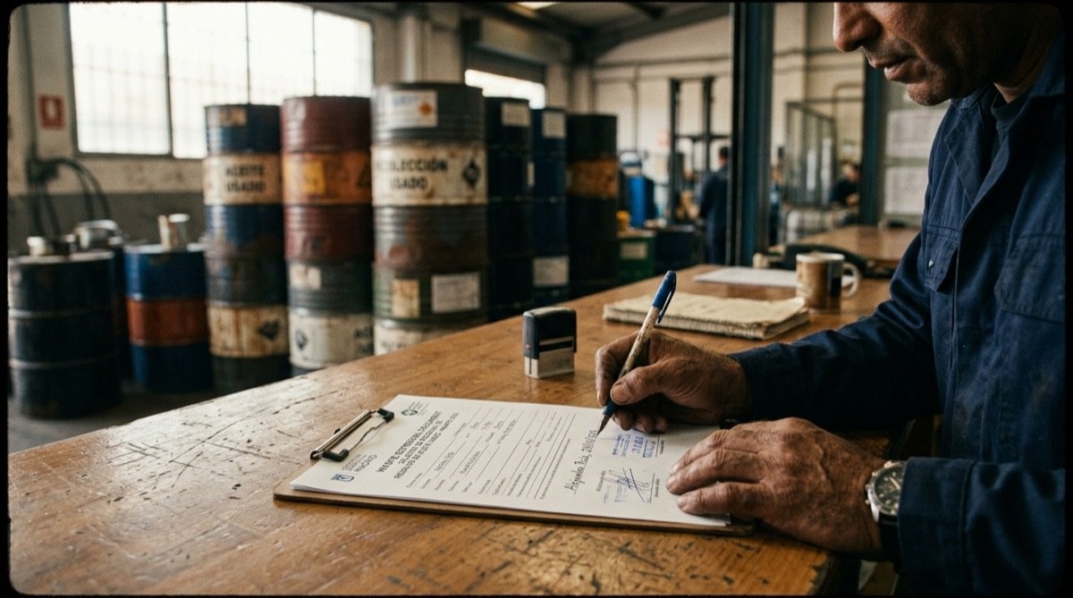 Firma del documento de identificación al retirar aceite usado por gestor autorizado