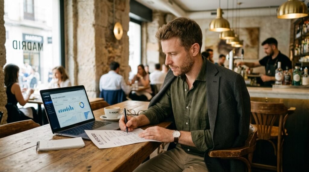 Manager de restaurante revisando análisis de ventas y precios de la carta