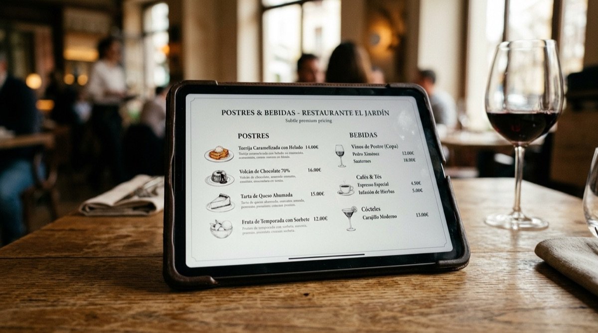 Carta digital de postres y bebidas en tablet sobre mesa de restaurante