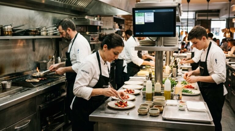 Equipo reducido de cocina trabajando con eficacia en restaurante contemporáneo