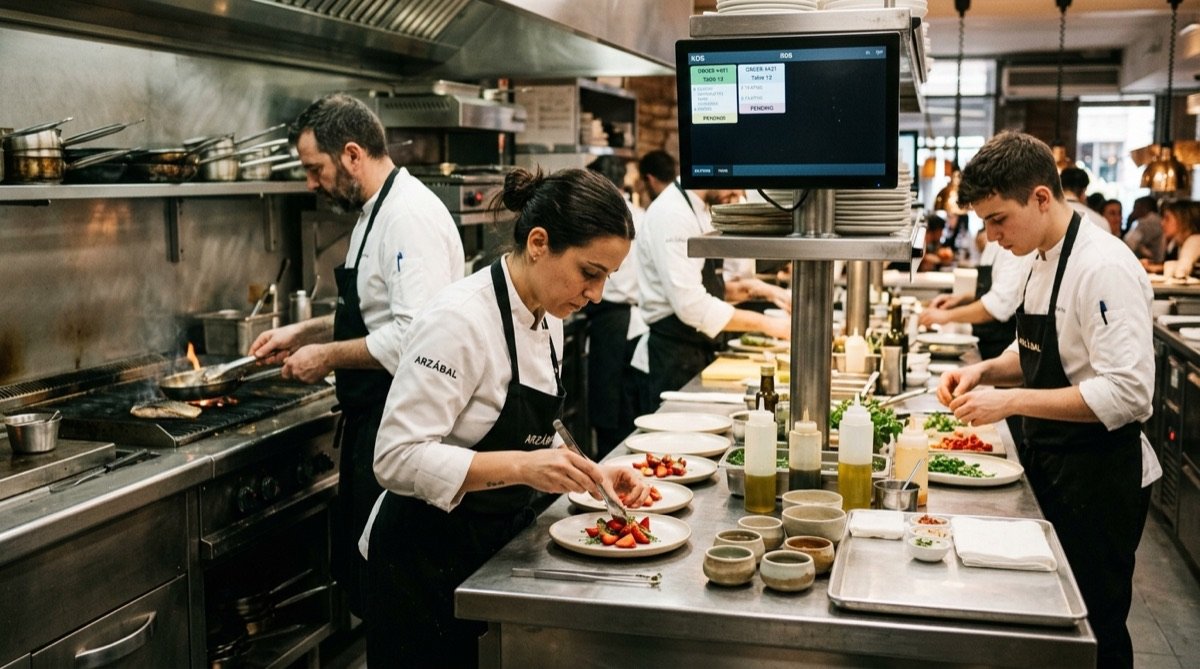 Equipo reducido de cocina trabajando con eficacia en restaurante contemporáneo