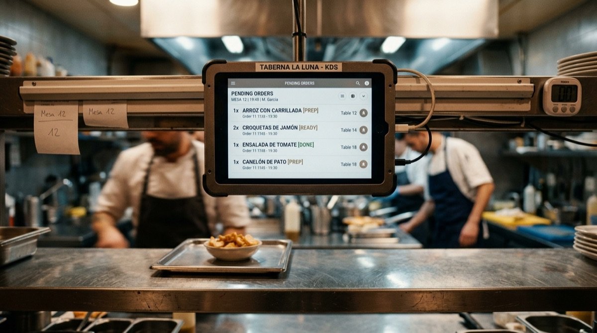 Sistema KDS de pase de cocina mostrando comandas en restaurante moderno