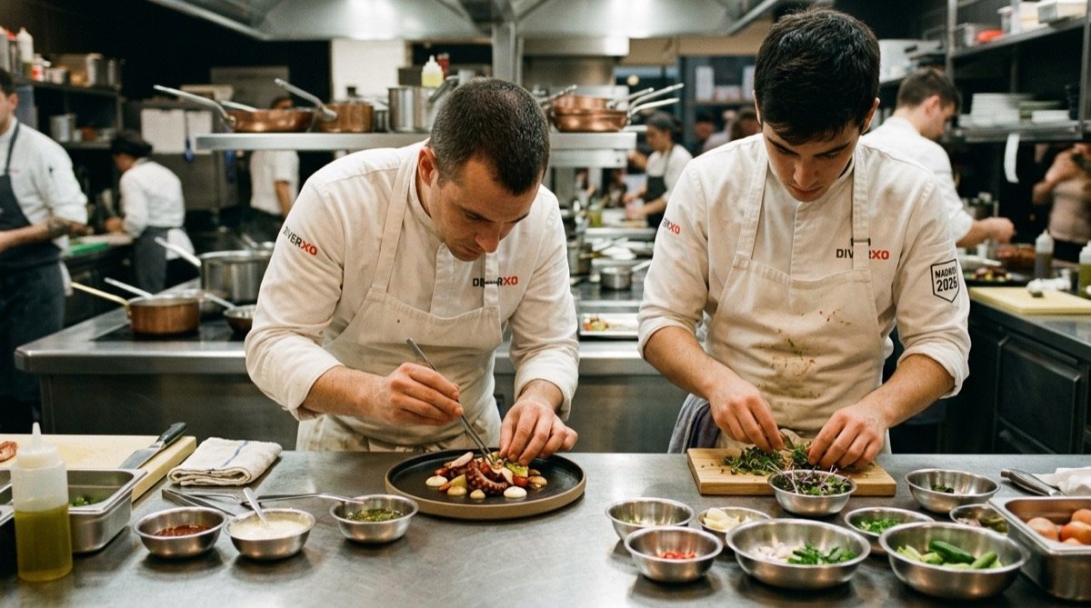 Dos cocineros polivalentes trabajando en el mismo pase de cocina