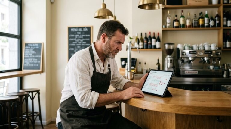 Hostelero revisando cuadrante digital de turnos en un bar de Madrid tras la nueva inspección telemática 2026