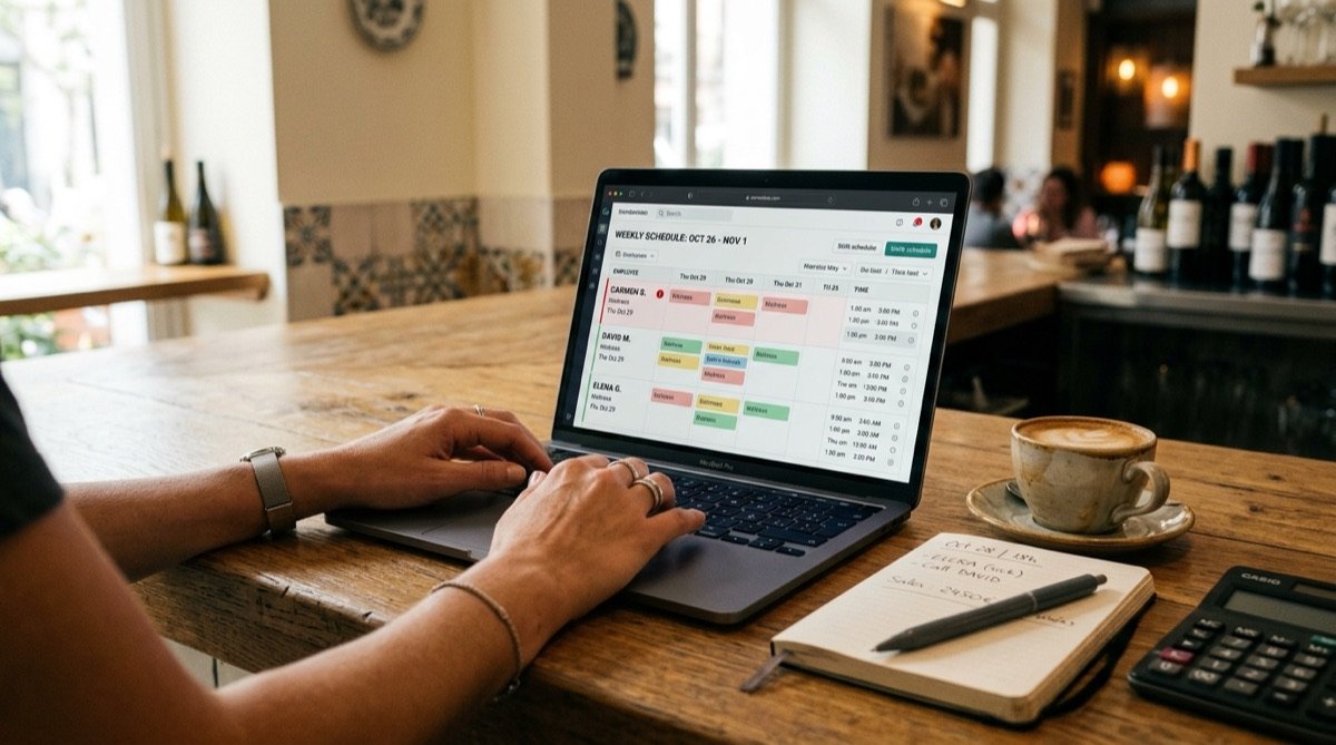 Pantalla de software de fichaje digital obligatorio mostrando un cuadrante semanal con alertas de descansos en un bar español