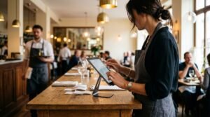 Encargada de restaurante marcando un checklist digital de tareas en una tablet sobre el pase de cocina