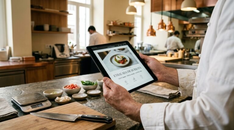 Chef profesional usando Miselup, el recetario digital con escandallos dinámicos, sobre un mise en place en cocina