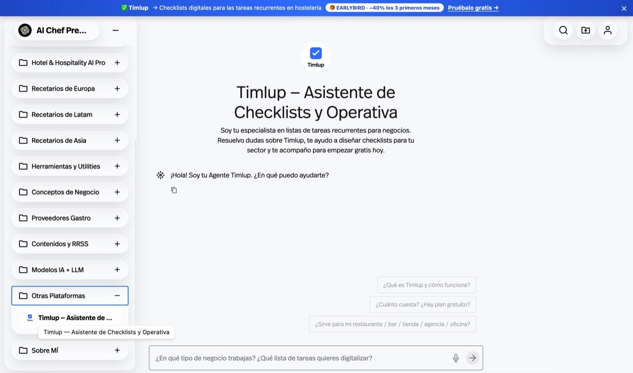 Agente IA de Timlup integrado en el modulo Otras Plataformas de la app de AI Chef Pro