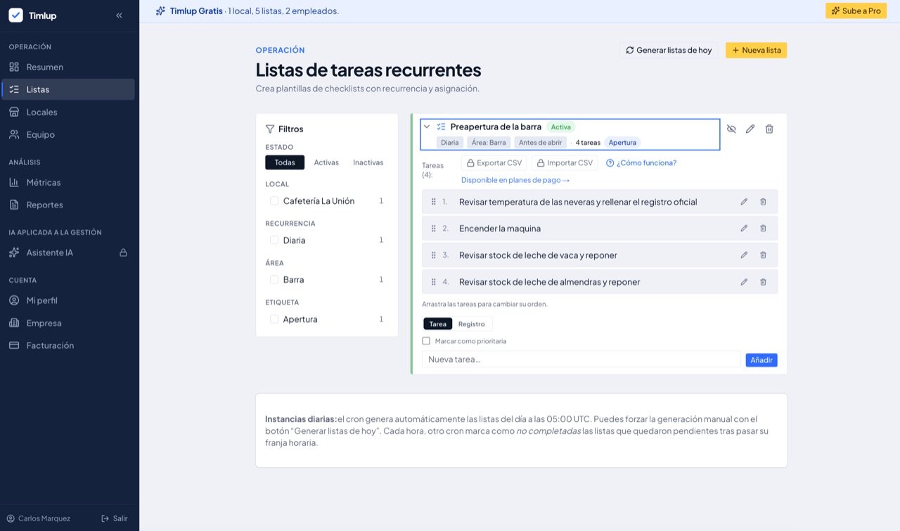 Panel de Timlup para crear listas de tareas recurrentes con recurrencia, franja horaria y asignacion por area
