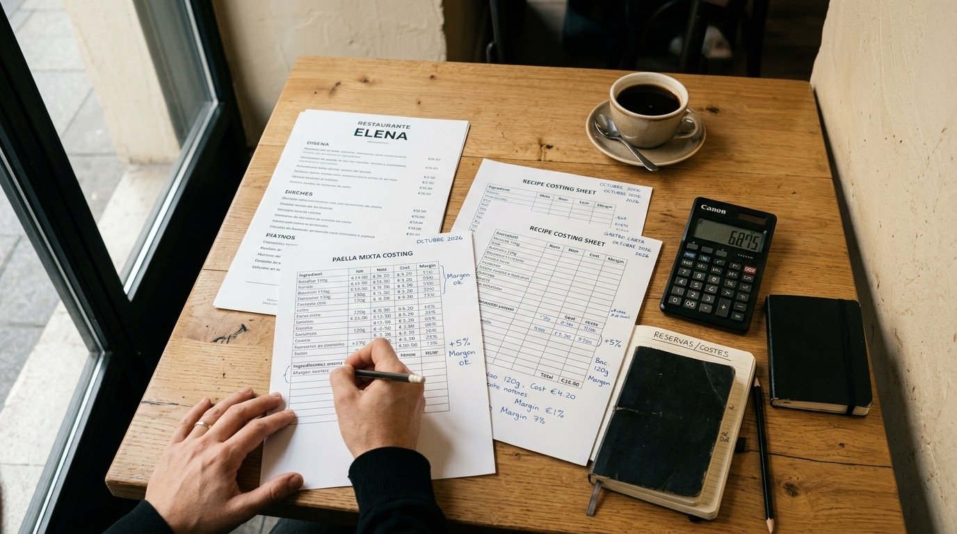 Escandallos y carta de restaurante sobre una mesa durante un trabajo de ingeniería de menú