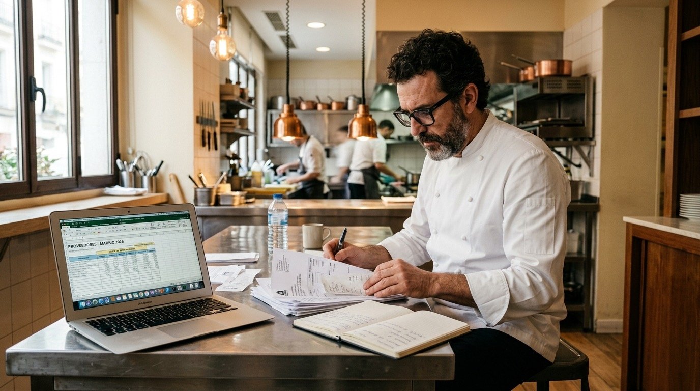 Chef consultor revisando albaranes y costes de proveedores al volver de vacaciones en septiembre